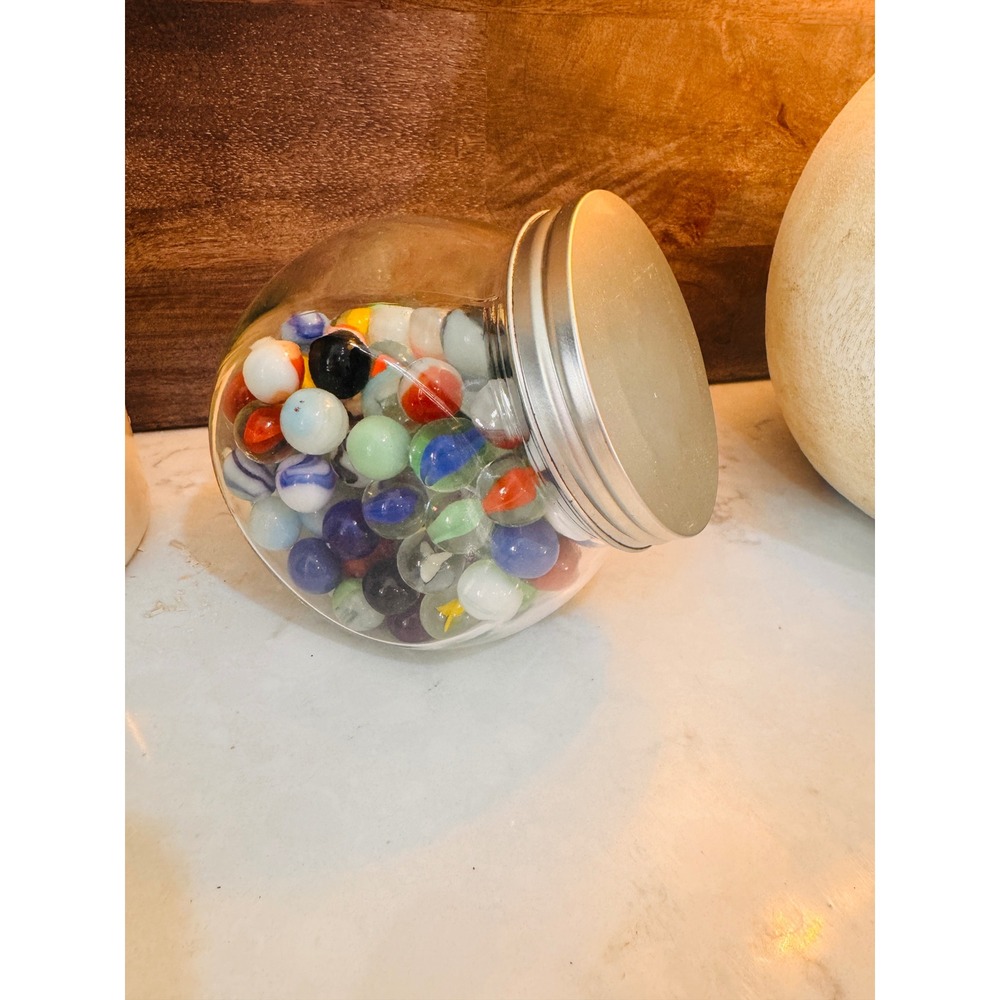 Assorted Glass Marbles Bulk Lot of 145 Tilted Clear Glass Storage Jar with Lid